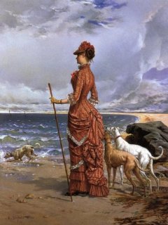 Elegant Lady Walking Her Greyhounds on the Beach
