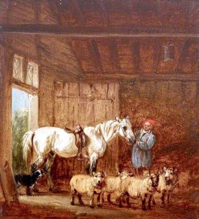 A White Horse with a Groom, and Sheep in a Barn