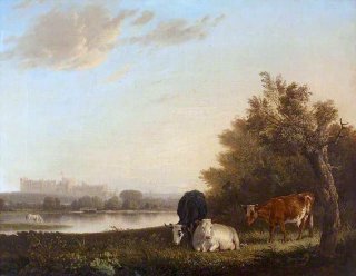 Distant View of Windsor Castle, with Cows by the River