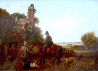 Two Sportsmen outside a Cottage, One on Horseback, with Dogs