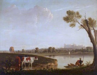 View of Windsor Castle from the River, with Cattle, and Two Men in a Boat